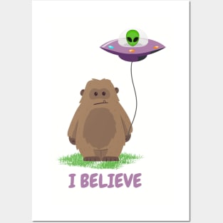 I Believe - Funny Bigfoot with UFO Balloon T-shirt Posters and Art